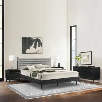 Greylynn 4 Piece Platform Bedroom Set in Wood with Gray Upholstered Headboard