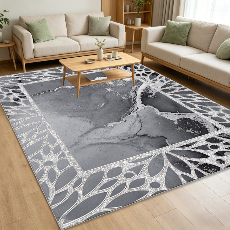 Grey Silver Marble Frame area rugs for Living Room, Soft and Comfortable, Suitable for all seasons, easy to maintain, machine washable Indoor floor mat, Under Table Farmhouse suitable for Bedroom, Dining Room, Study, Patio, Balcony, Home Decor