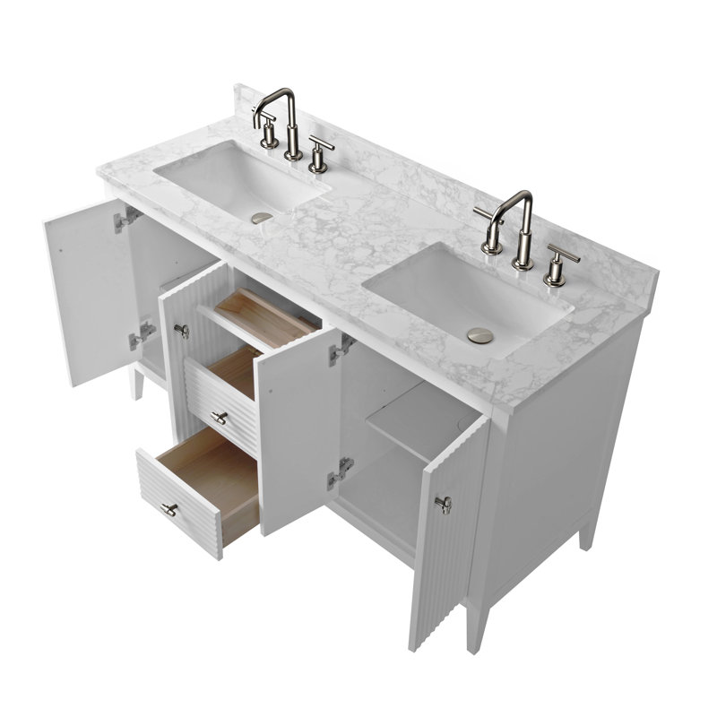 Ensemble de meuble-lavabo double 60 po, Blanc linéaire, Nickel brossé