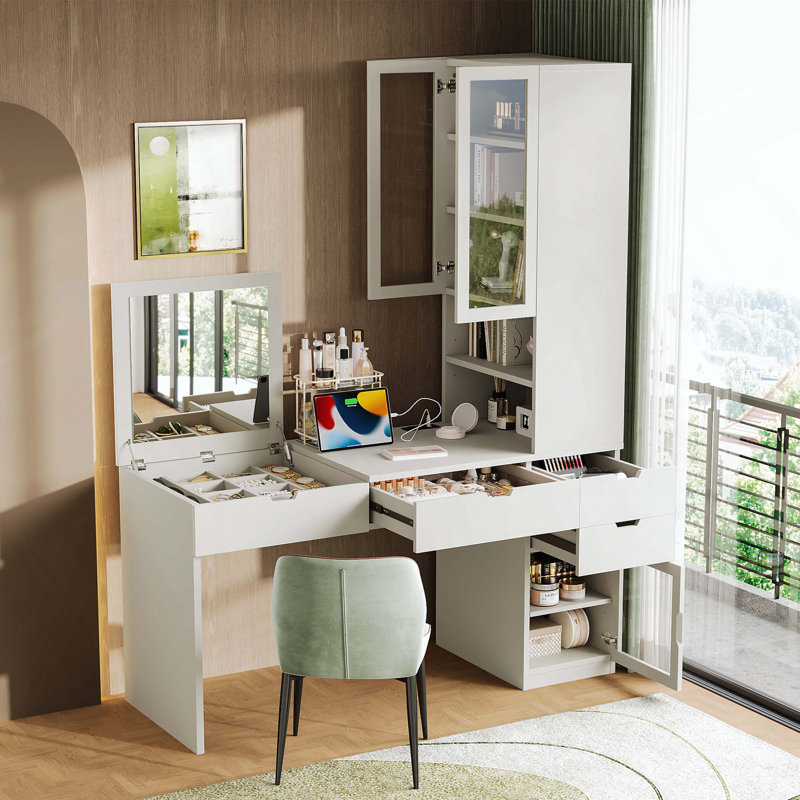 Meuble-lavabo polyvalent avec miroir rabattable, station de charge, 8 compartiments cachés et rangement
