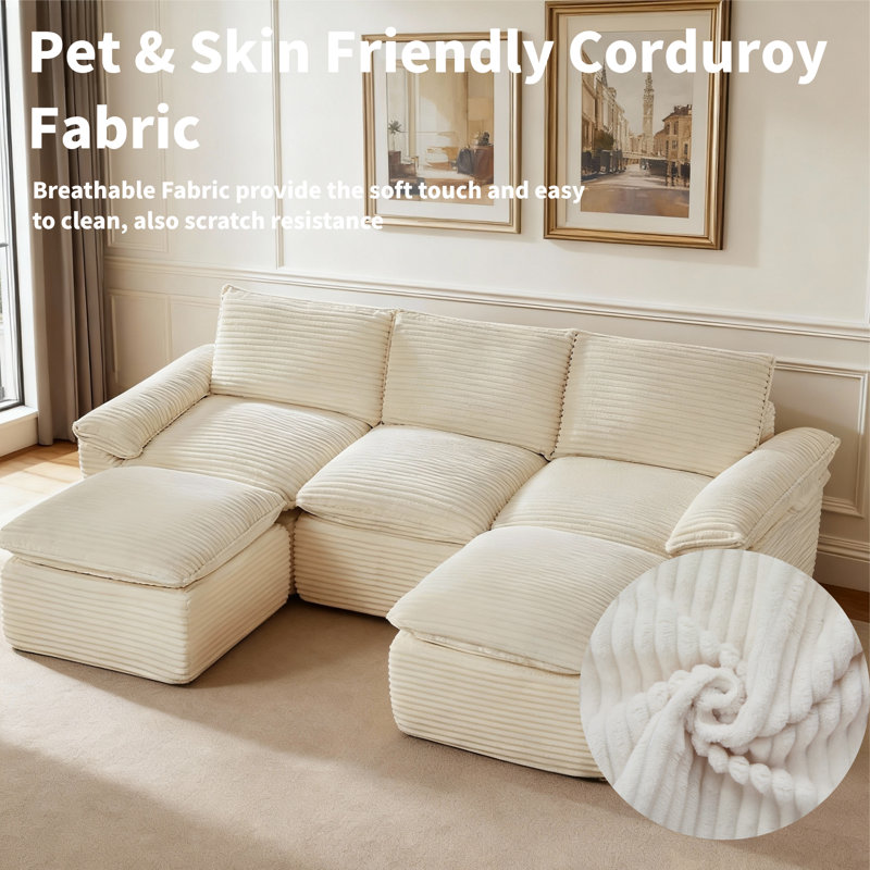 Latitude Run® 111" Corduroy Boneless Sofa Couch Sectional With Dual ...