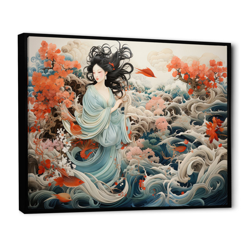 «China Art Silk Emb broderie», reproduction d'art sur toile encadrée, 34" H x 44" W, Cadre flottant noir