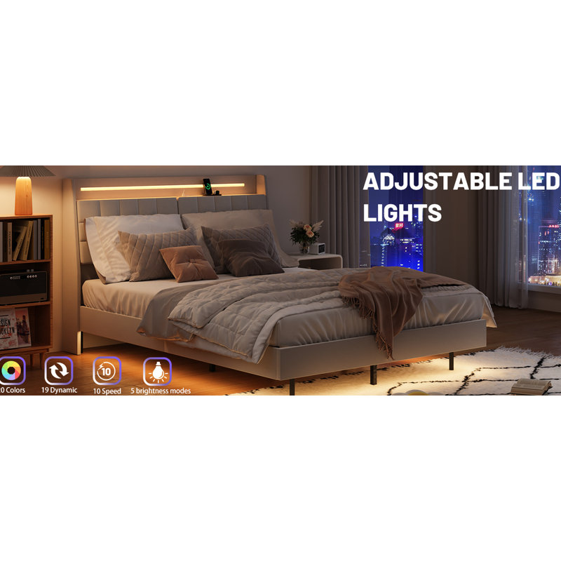 Structure de grand lit avec éclairage à DEL, rangement dissimulé, charge, lumières de revêtement en velours beige, fonction de rangement et de charge,