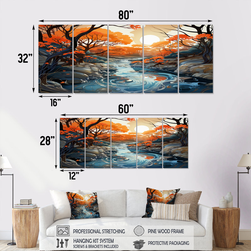 Orange et bleu, rivière, Serene Journey II - forêt, art mural 5 pièces, H 32 po x l 80 po
