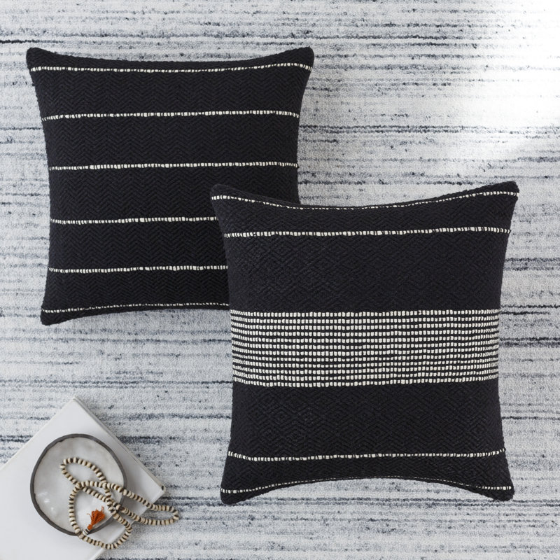 Ontario Striped Black/Cream Square Throw Cushion, 22"x22", Down