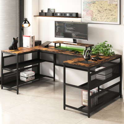 U Shaped Gaming Desk with LED Lights & Power Outlets, Vintage L Shaped Computer Desk with Monitor Stand & Storage Shelves, Home Office Workstation for Bedroom