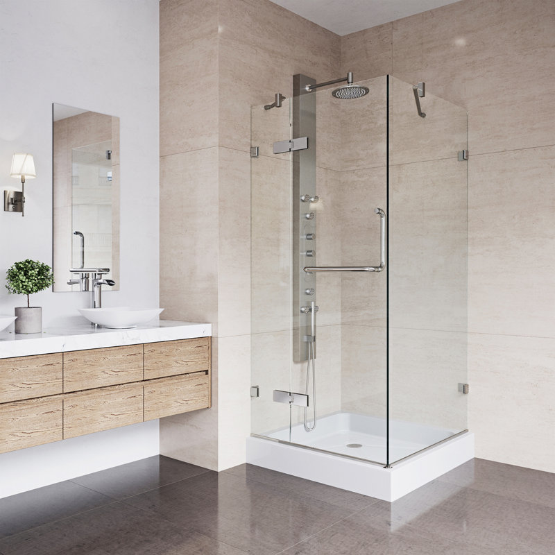 Cabine de douche à charnière sans cadre de l 32 po x P 32 po x H 79 po avec verre transparent 3/8 et base Monteray