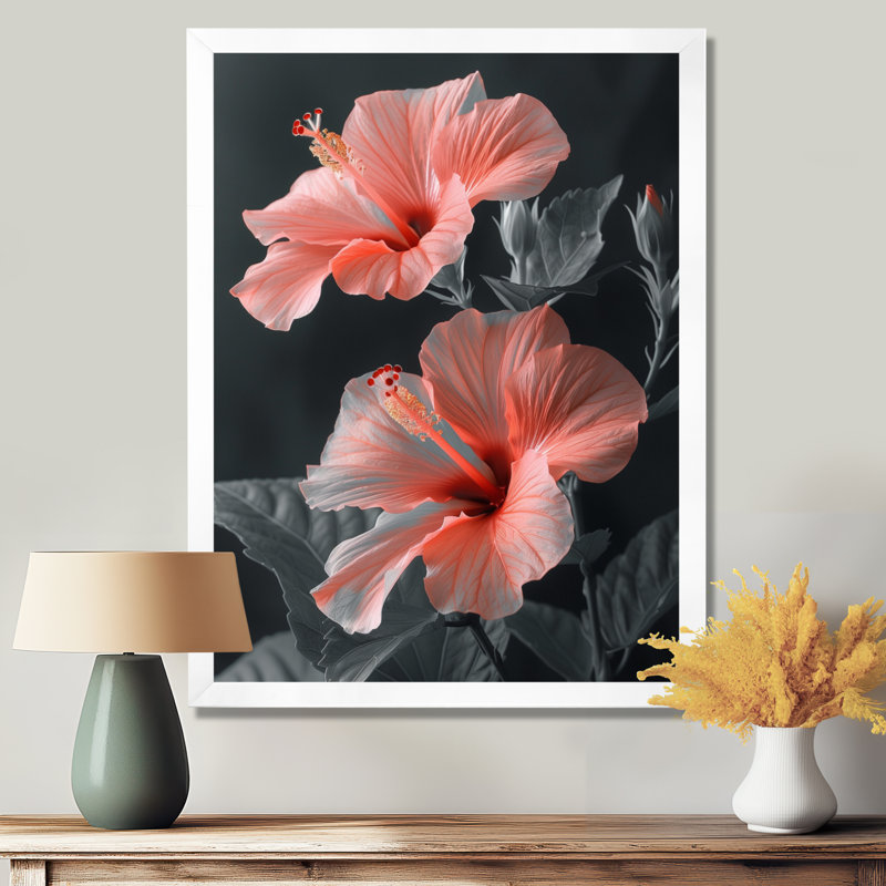 Hibiscus rose, gris, tropical, tentation - Hibiscus, Cadre simple blanc, H 34 po x l 44 po