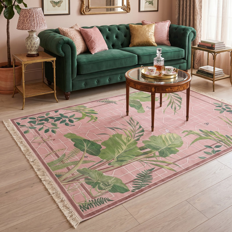 Tapis rose à motif de treillis et de feuilles tropicales roses
