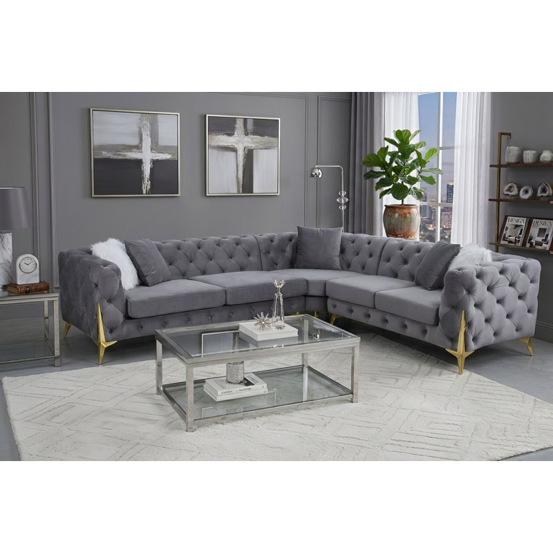 Milan Luxury Gray Velvet L-Shaped Sectional 
