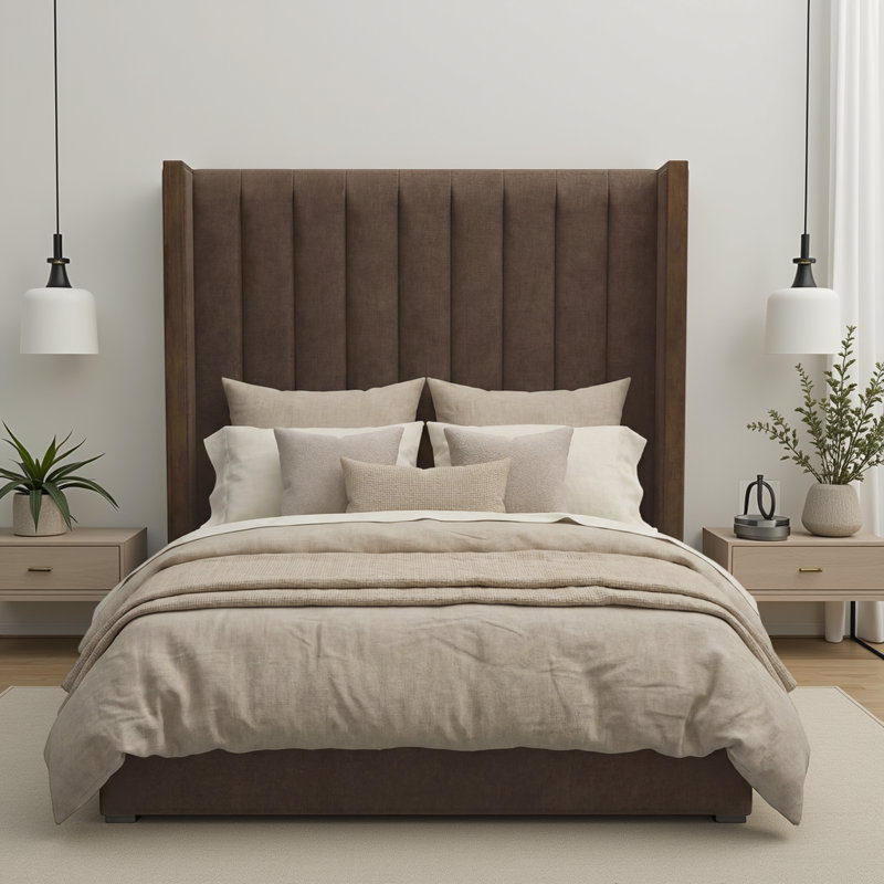 Dipson Upholstered Wingback Bed, Brown Flax Revolution®, Queen (High)
