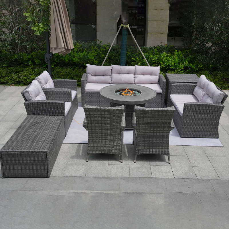 9 - Person Patio Conversation Set with Cushions, Gray