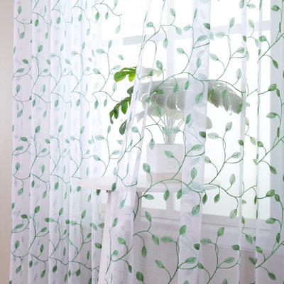 Leaves Short Sheer Curtains Sage  Leaf Embroidery Bedroom Curtain Rod Pocket Voile Faux Linen Embroidered Leaves Curtains For Living Room Long, Set Of 2 Panels