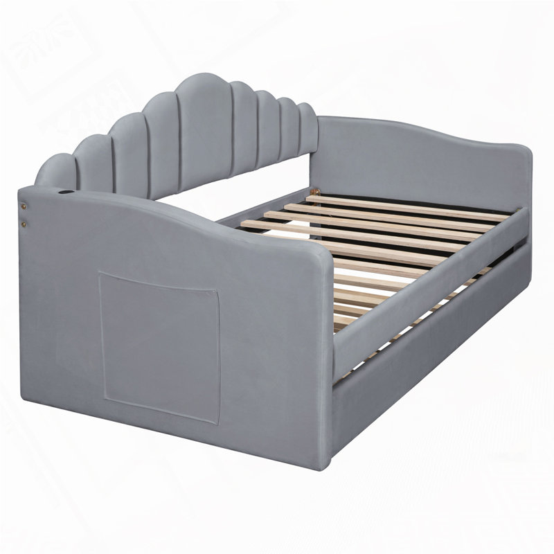 Twin Size Upholstered Daybed With Trundle, Pockets And Usb Ports, Gray