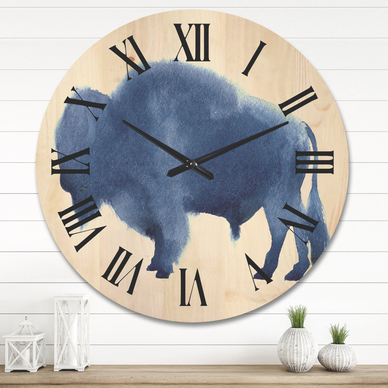 Horloge murale en bois de ferme - Silhouette de bison bleu marine, Grand