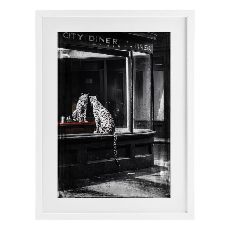 Reproduction sous verre Diner Noir Leopard Reflection, conçue par Annabelle Hall, H 23 po x l 17 po, Cadre blanc côtier