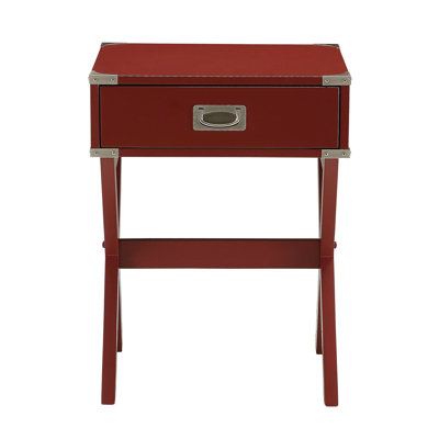 Square Red Side Table, Metal Corners, Kd, Wooden "X" Shape Base, 15"X9"X3"H Drawer, Glide Metal, Crossbar, In Primary Living Space Home Table With Corner Strapping, Top, Crossbar Support, For Room