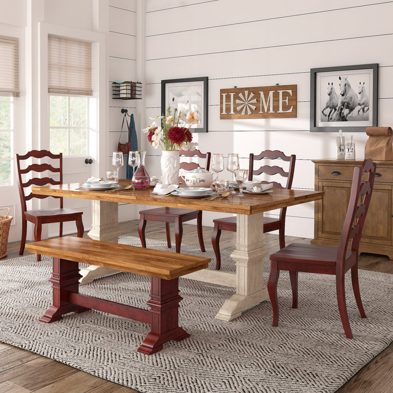 Fortville 78" Solid Wood Oak Finish Top 6-Piece Dining Set With French Ladder Back Chairs And Bench, White, Red