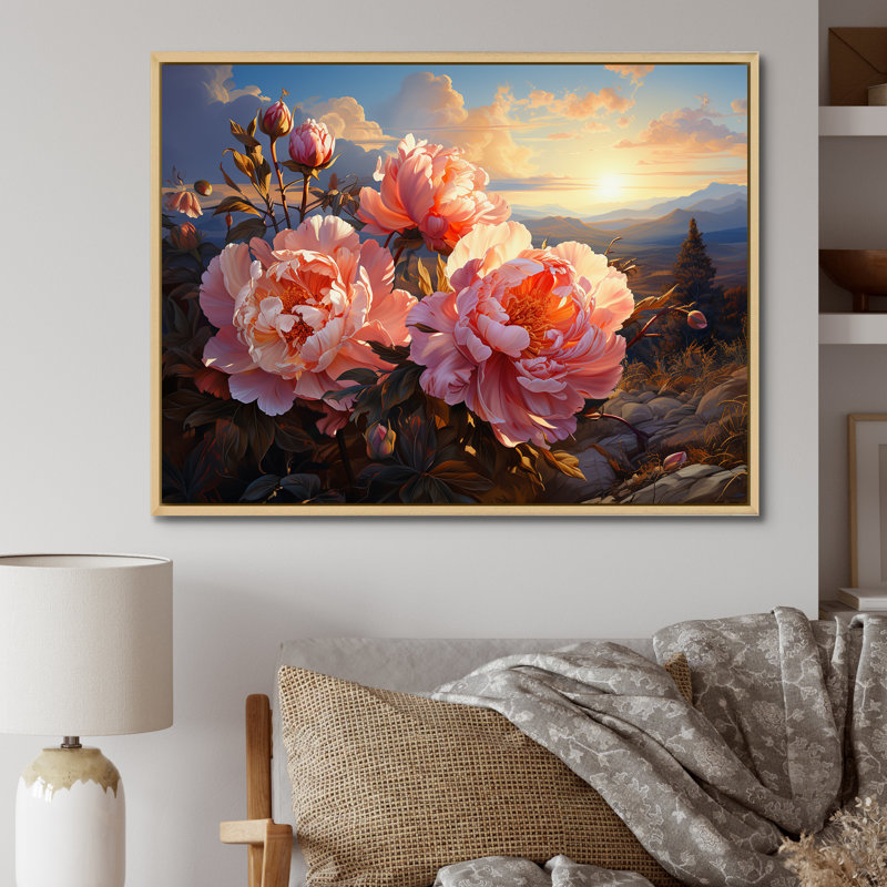 Pivoines magiques au coucher du soleil I, Cadre flottant naturel, H 24 po x l 32 po x P 1 po