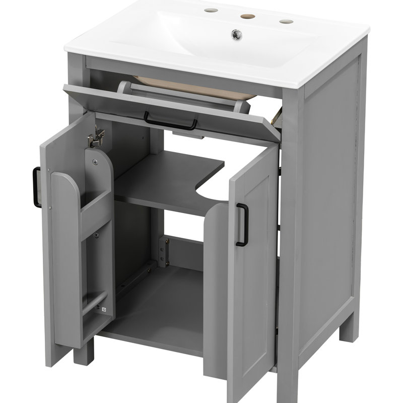 Meuble-lavabo moderne de 48 po comprenant un lavabo en céramique, une structure en bois massif et une tablette réglable en forme de U pour un lit double Essentials avec double lavabo, fonction silencieuse à fermeture en douceur, articles de toilette à tiroir rabattable