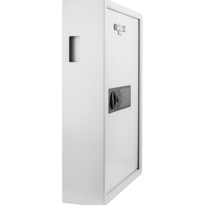 Coffre-fort mural blanc pour 100 clés, équipé d'un clavier numérique et de touches blanches, pratique pour de multiples usages.