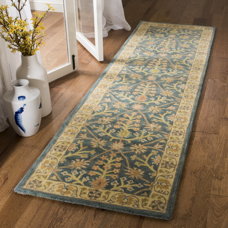 Tapis bleu / or clair touffeté à la main Algier, Tapis de couloir 2 pi 3 po x 8 pi