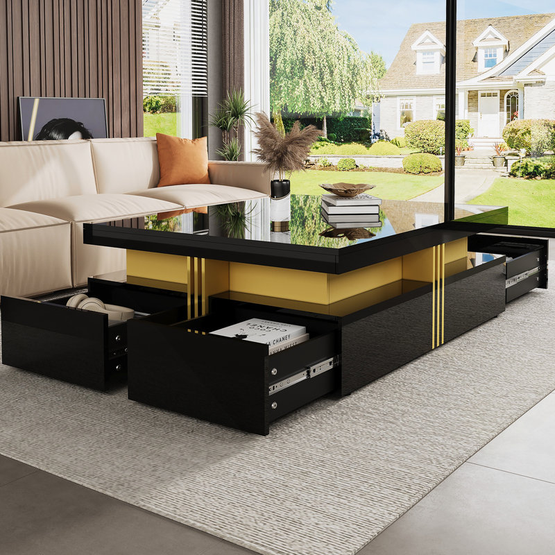 Modern Square Storage Coffee Table With 4 Drawers, Black