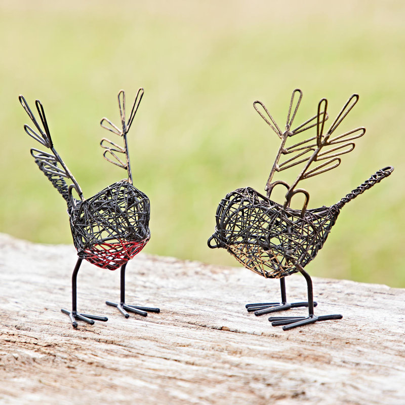 Set of Two Small Wire Winged Robin Decorative Ornament