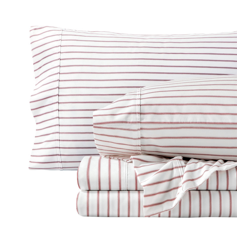 Microfiber Sheet Set, Cal.King Sheet Set + 1 Fitted Sheet +2 Pillowcases, Ticking Stripe - White/Burgundy