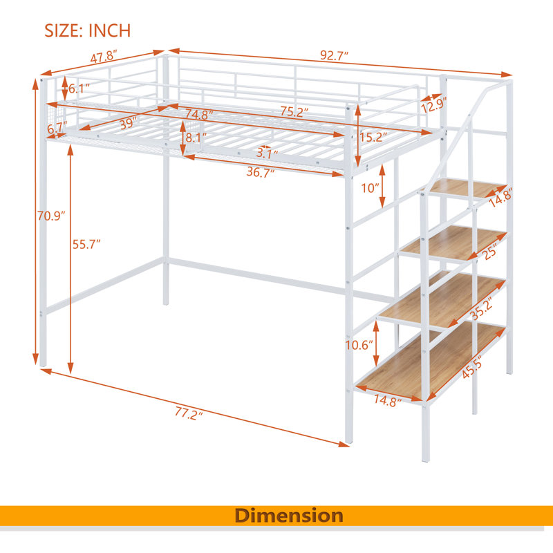 Lit mezzanine en métal avec tablette de rangement supérieure et échelle de rangement latérale, Blanc