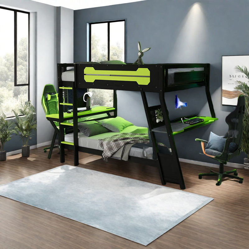 Modern Wooden Full Size Bunk Bed With Gaming Desks, Green