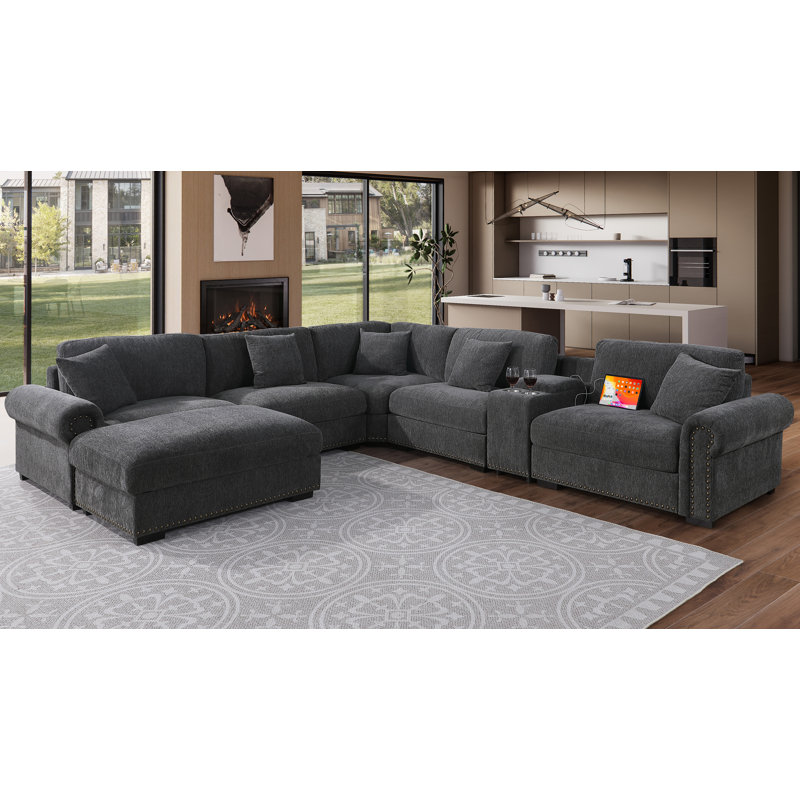 Errett Upholstered Corner Sectional with Storage & Cup Holder Console, 5 Throw Pillows, Dark Gray Polyester