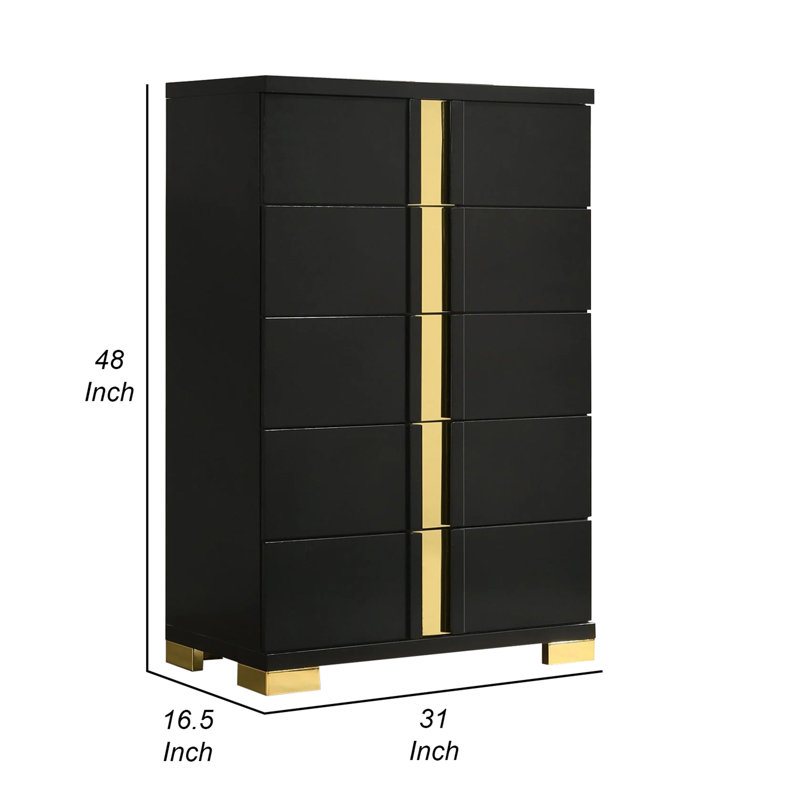 Yoki Tall Dresser Chest, 5 Drawers, Modern Glam Black And Gold, Black/Gold