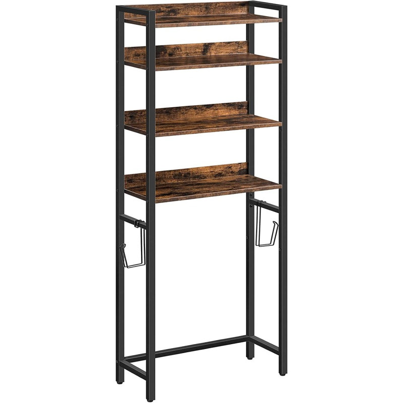 Étagère de rangement à 4 niveaux pour toilettes, organisateur de salle de bain autoportant avec 2 crochets, conception anti-basculement, pieds réglables, brun rustique
