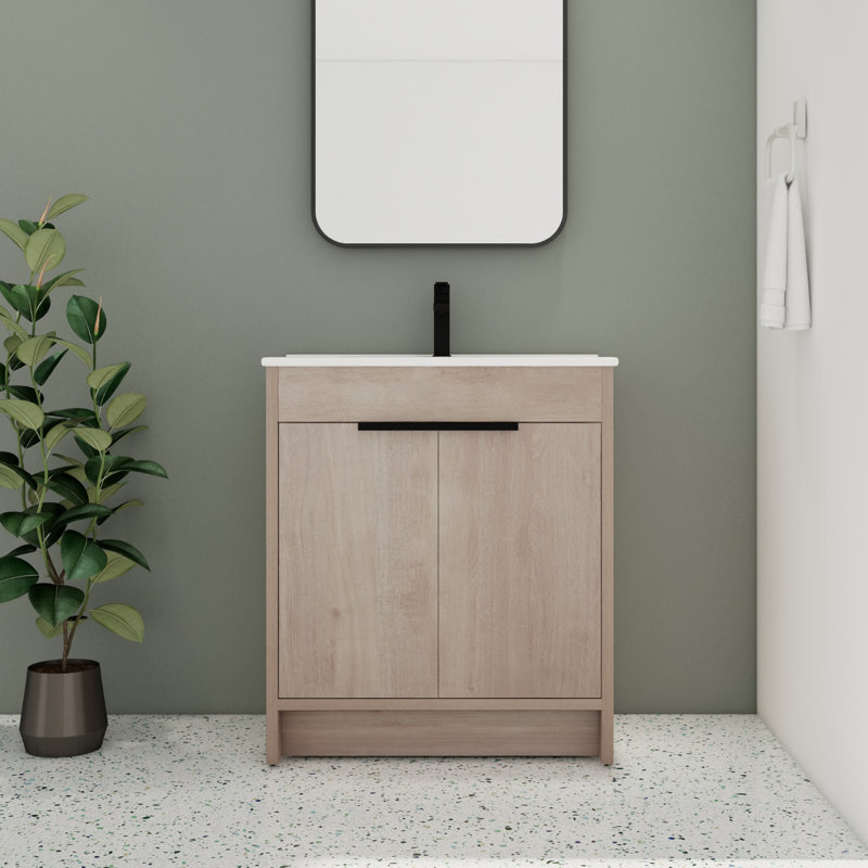 30'' Single Bathroom Vanity with Ceramic Top, Lightoak