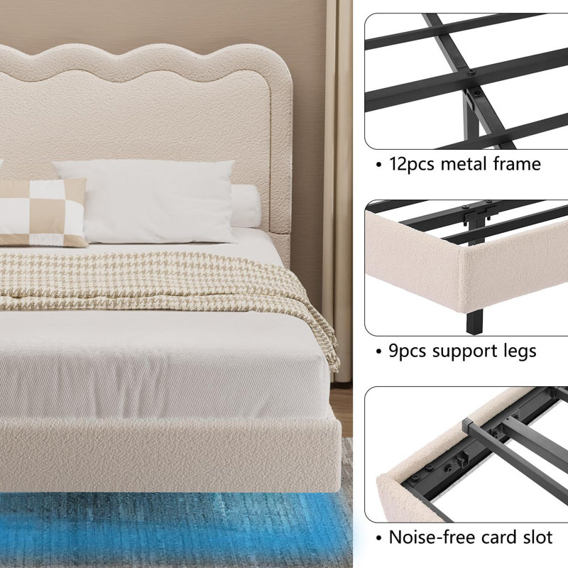 Queen Size Boucle Upholstered Floating Bed Frame With Led Lights, Visual Floating Led Platform Bed, No Box Spring Needed, Beige