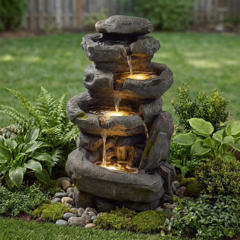 Rustic Brown Outdoor Fountain With LED Lights And Included Pump For Garden Patio Decor