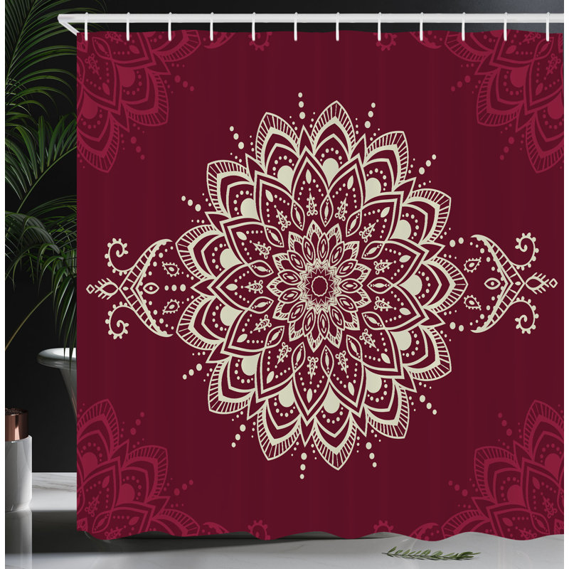Maroon and White Floral Fabric Shower Curtain with Hooks
