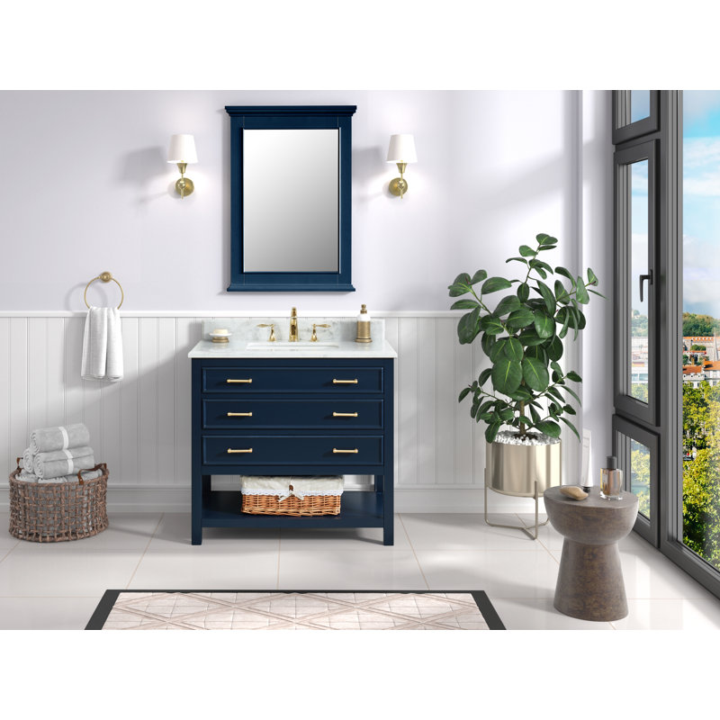 Meuble-lavabo simple 36 po Manhattan avec plateau en marbre de Carrare, pré-assemblé, Marine, Polished Marble
