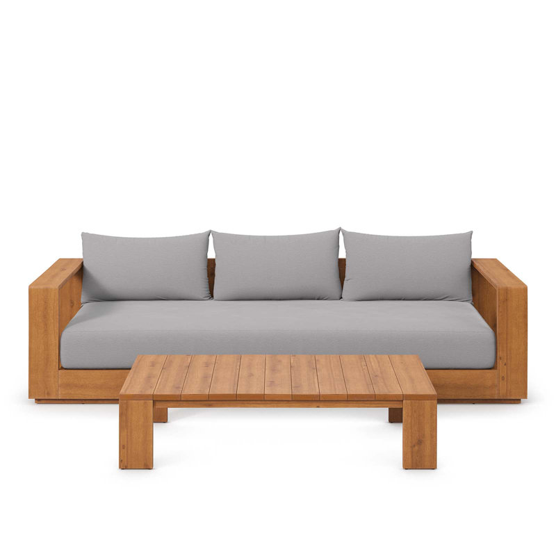 Tahoe Outdoor Patio Acacia Wood 2-Piece Sofa And Coffee Table Set In Natural Light Gray