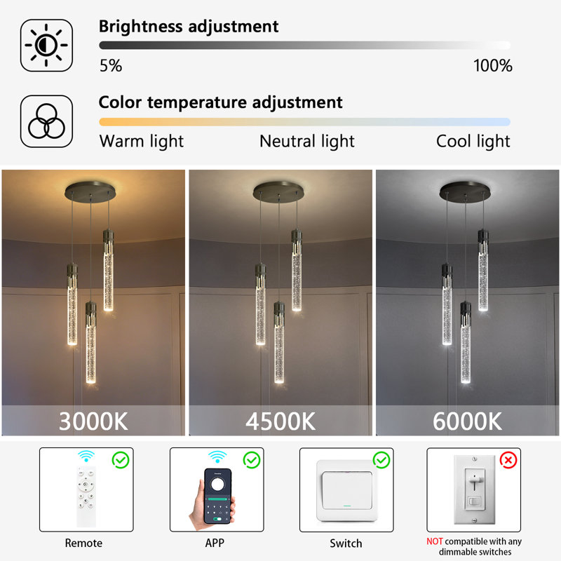 Led Dimmable Kitchen Island Pendant Light, Matte Black, 3, 78" H x 12" W x 12" D