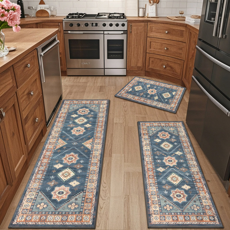 Tapis de cuisine antidérapant lavable à la machine (ensemble de 3), Bleu marine / brun clair