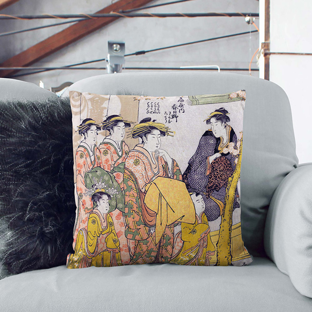 Parade Under Blossoming Cherry Trees by Kitagawa Utamaro Cushion with Filling