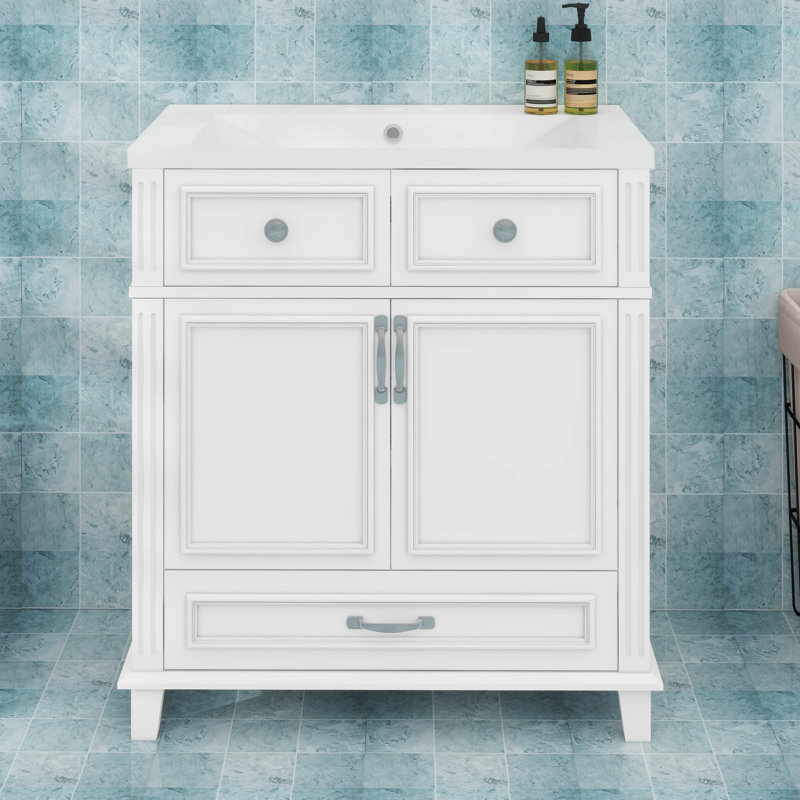 Meuble-lavabo de style rétro avec lavabo en céramique et structure en bois massif, Blanc, Argent argent