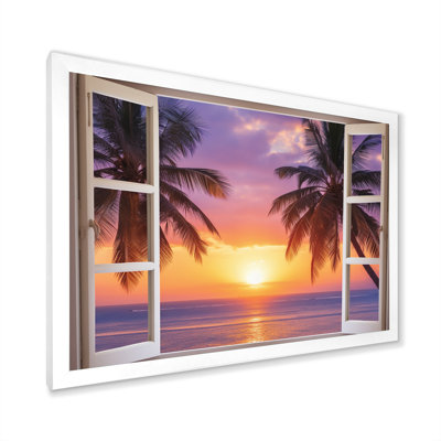 " Tropical Ocean Sunset Through Open White Window "