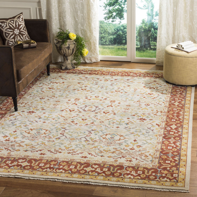 Tapis ivoire / brun en laine noué à la main Ajwa, Rectangle 9 pi x 12 pi
