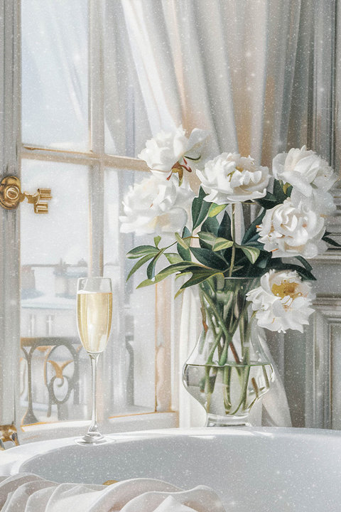 A clear glass vase filled with white peonies sits next to a glass of champagne by a window overlooking a snowy winter scene.