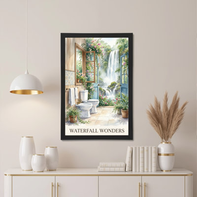 Waterfall Bathroom Scene Canvas Wrapped Wall Art Oil Painting Print Set Of 1