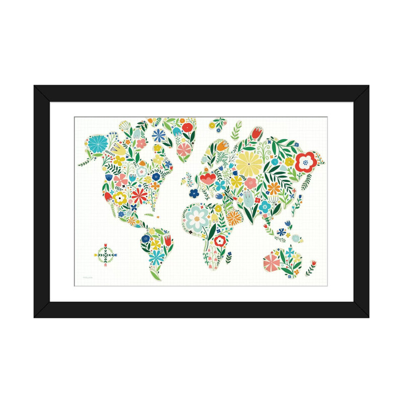 Carte du monde floral - reproduction murale sur toile, L 24 po x H 16 po x P 1 po, Papier avec cadre noir, Blanc