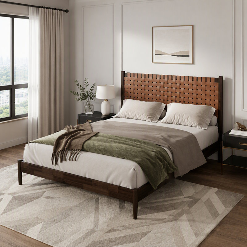 Lit plateforme en bois d'acacia massif avec tête de lit en cuir végétalien tissé à la main, style Mid-Century moderne, sans sommier